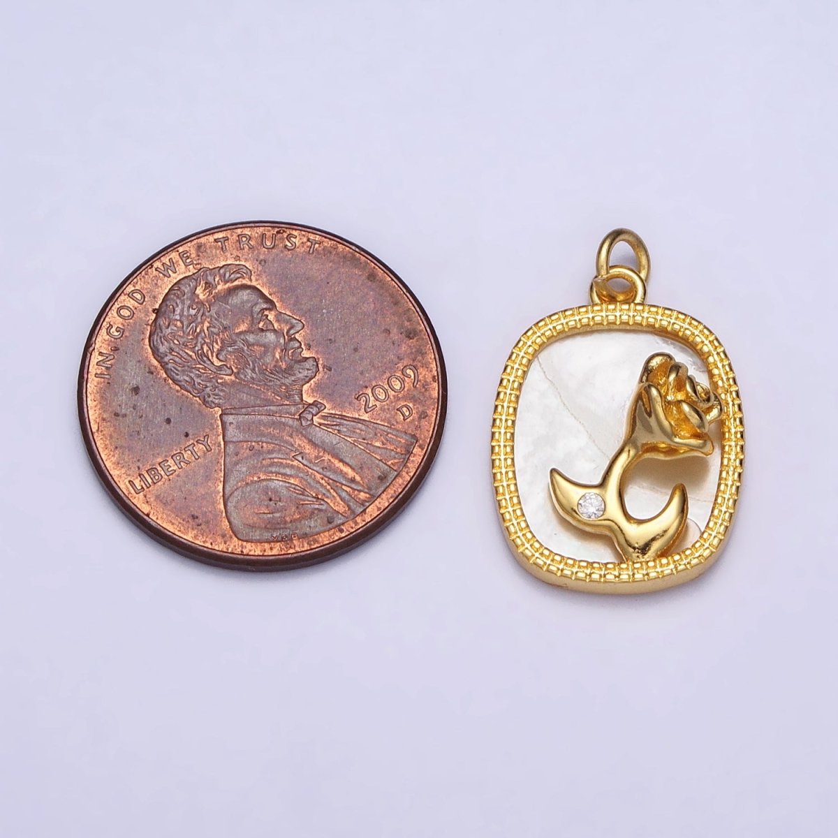 24K Gold plated Rose Flower CZ Shell Pearl Square Charm | AC1053 - DLUXCA