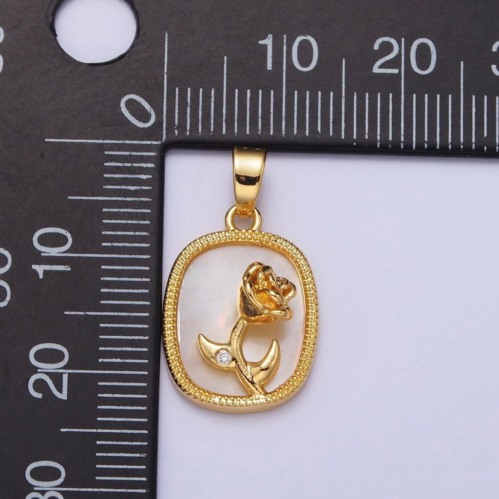 24K Gold plated Rose Flower CZ Shell Pearl Square Pendant | AA110 - DLUXCA