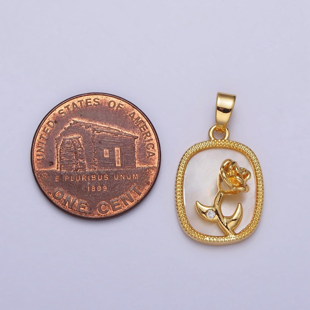 24K Gold plated Rose Flower CZ Shell Pearl Square Pendant | AA110 - DLUXCA