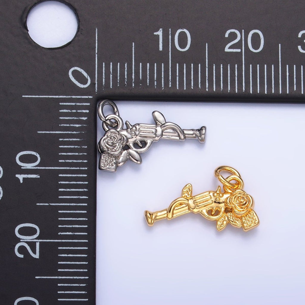 24K Gold plated Rose Flower Gun Weapon 3D Multidimensional Charm in Gold & Silver | W345 - DLUXCA