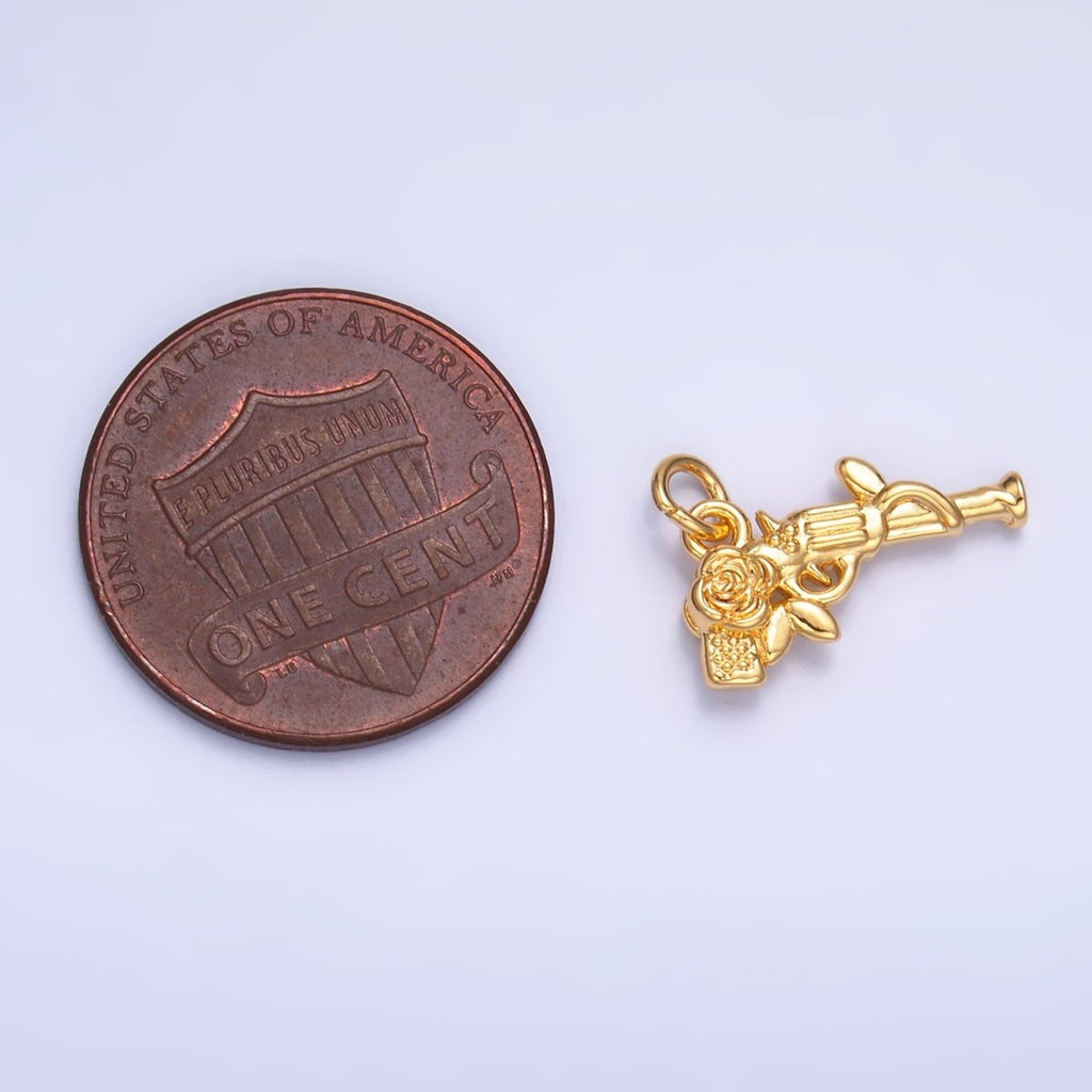 24K Gold plated Rose Flower Gun Weapon 3D Multidimensional Charm in Gold & Silver | W345 - DLUXCA