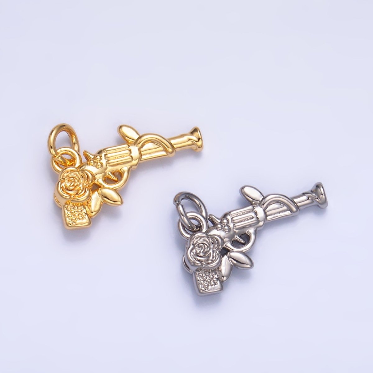 24K Gold plated Rose Flower Gun Weapon 3D Multidimensional Charm in Gold & Silver | W345 - DLUXCA