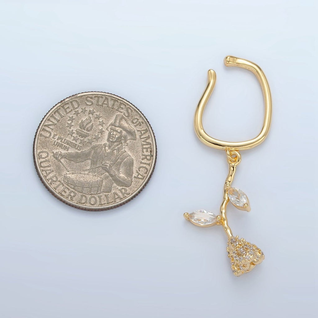 24K Gold plated Rose Flower Micro Paved CZ Marquise Drop Ear Cuff Earrings | AI170 - DLUXCA