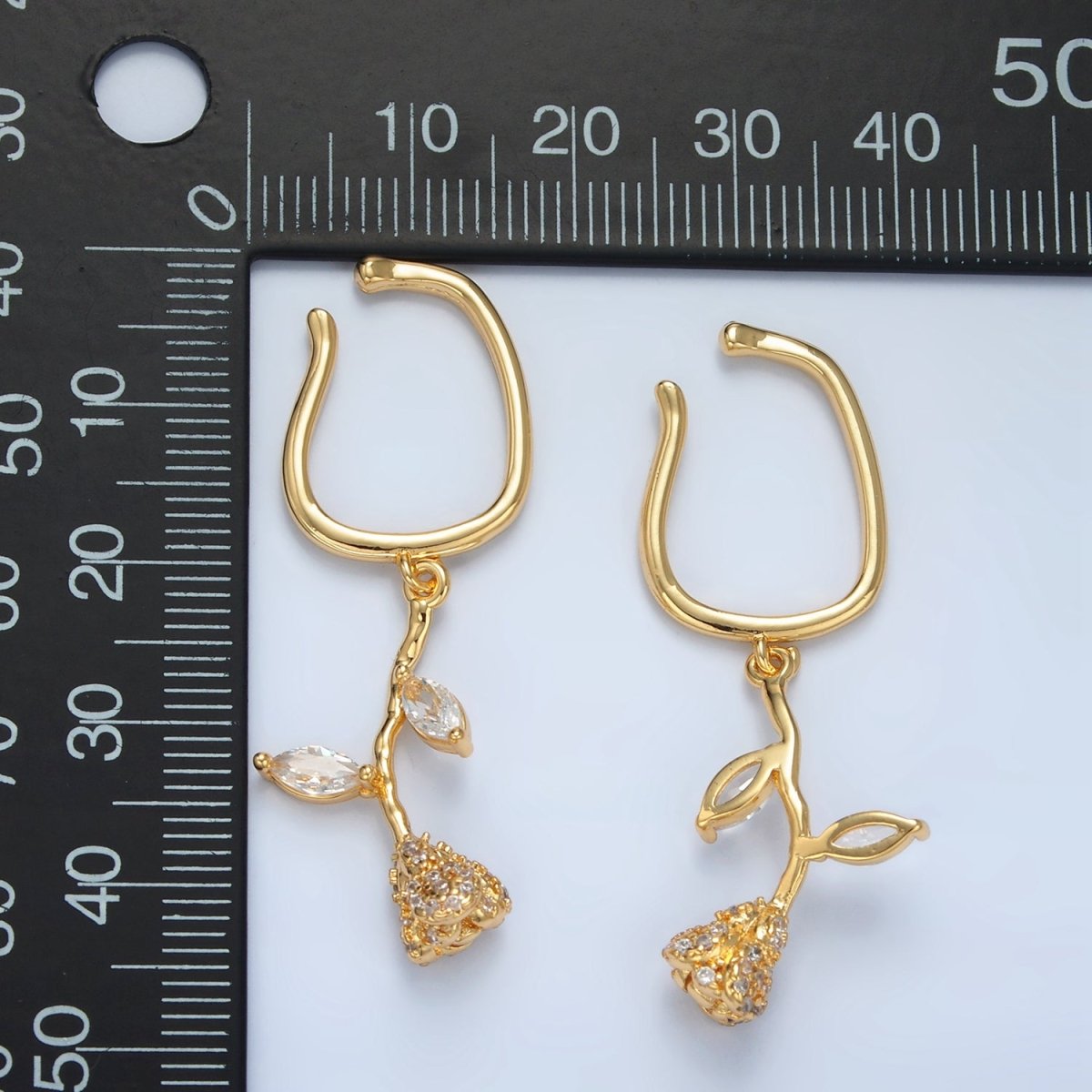 24K Gold plated Rose Flower Micro Paved CZ Marquise Drop Ear Cuff Earrings | AI170 - DLUXCA