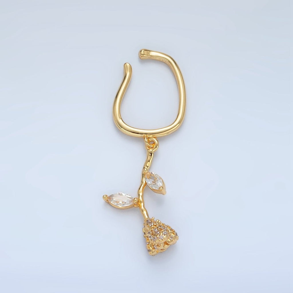 24K Gold plated Rose Flower Micro Paved CZ Marquise Drop Ear Cuff Earrings | AI170 - DLUXCA