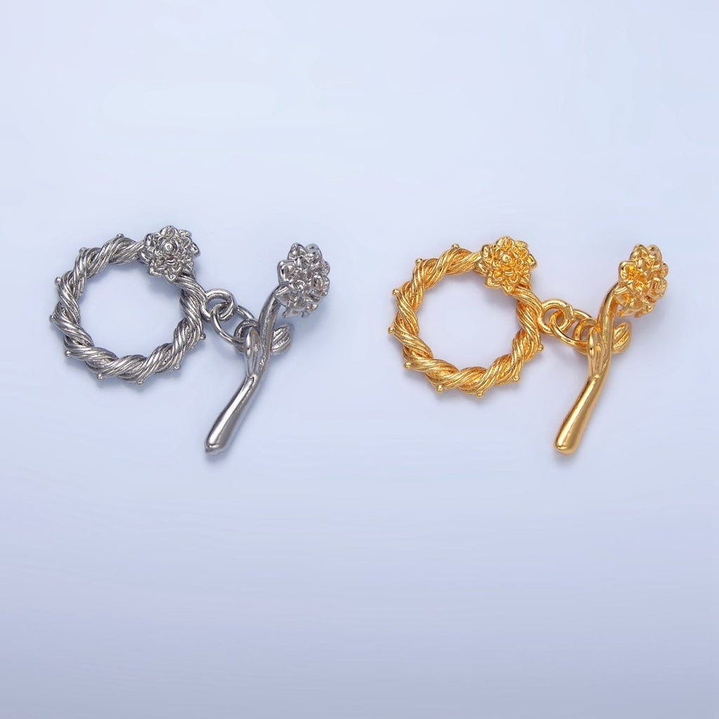 24K Gold plated Rose Flower Twisted Ribbed Artisan Toggle Clasps Closure Findings | Z995 - DLUXCA