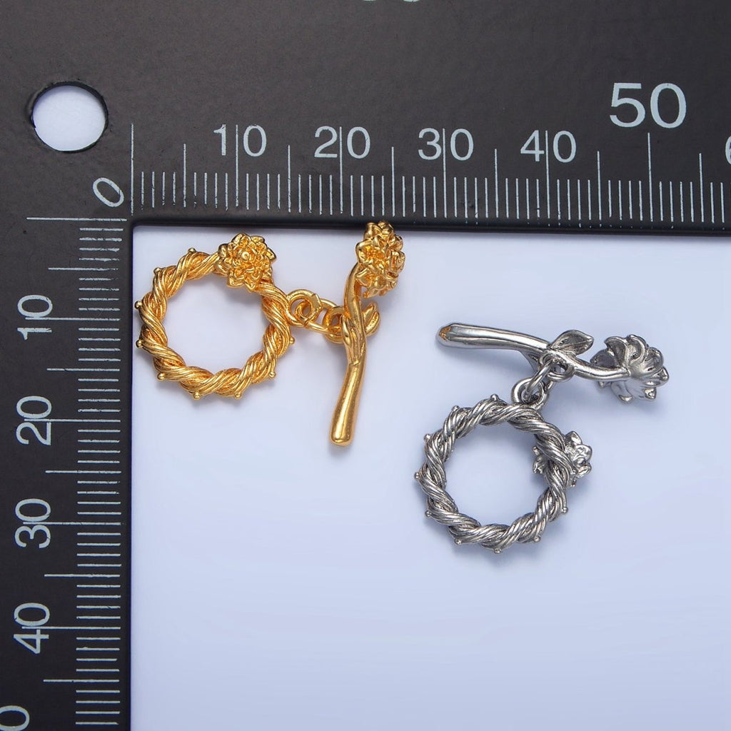 24K Gold plated Rose Flower Twisted Ribbed Artisan Toggle Clasps Closure Findings | Z995 - DLUXCA