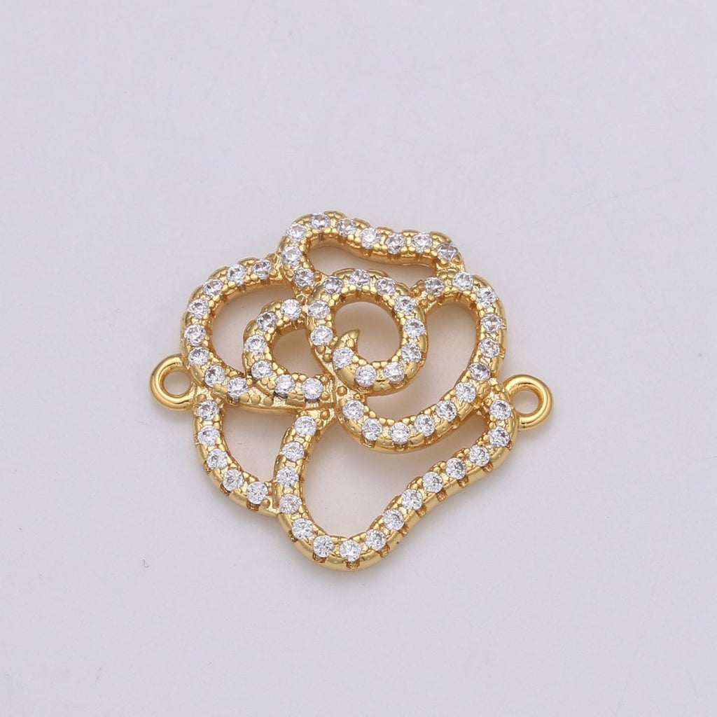 24k Gold plated Rose Outline Silhouette Beautiful Rose Flower Plant Nature Charm Connector Micro Pave Flower Link Connector F-568 - DLUXCA