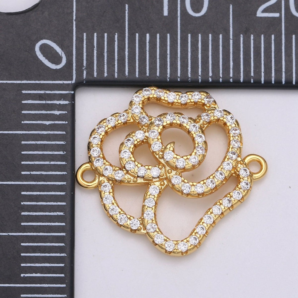 24k Gold plated Rose Outline Silhouette Beautiful Rose Flower Plant Nature Charm Connector Micro Pave Flower Link Connector F-568 - DLUXCA