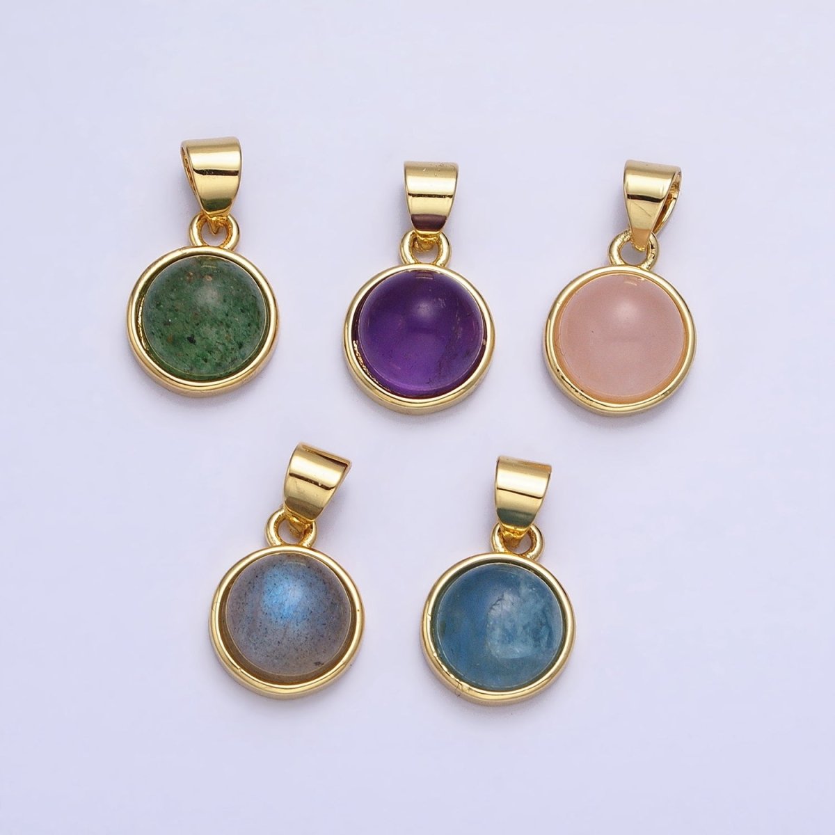 24K Gold plated Rose Quartz, Aventurine, Labradorite, Blue Agate, Amethyst Round Pendant | AA195 - AA199 - DLUXCA