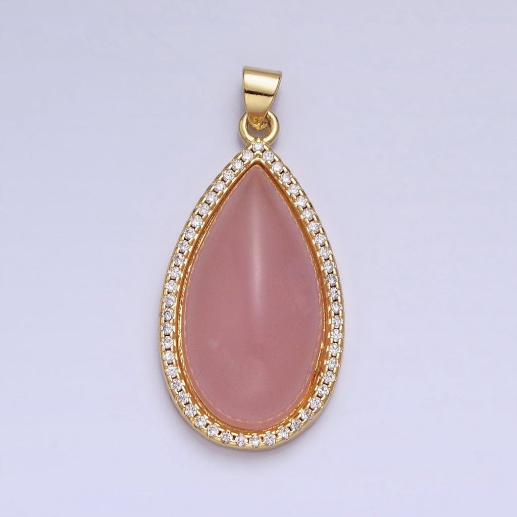 24K Gold plated Rose Quartz Natural Gemstone Cabochon Micro Paved CZ 35mmx16.3mm Teardrop Pendant | AA339 - DLUXCA