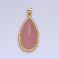 24K Gold plated Rose Quartz Natural Gemstone Cabochon Micro Paved CZ 35mmx16.3mm Teardrop Pendant | AA339 - DLUXCA