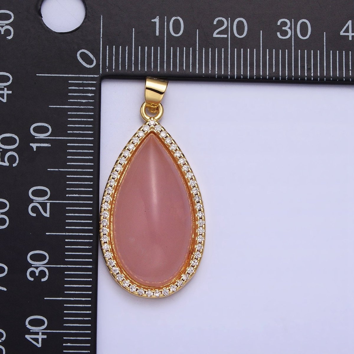 24K Gold plated Rose Quartz Natural Gemstone Cabochon Micro Paved CZ 35mmx16.3mm Teardrop Pendant | AA339 - DLUXCA