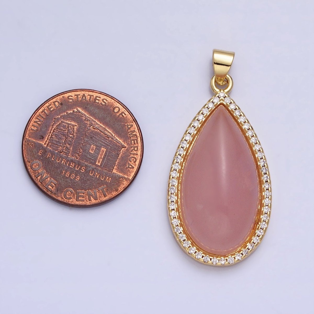 24K Gold plated Rose Quartz Natural Gemstone Cabochon Micro Paved CZ 35mmx16.3mm Teardrop Pendant | AA339 - DLUXCA