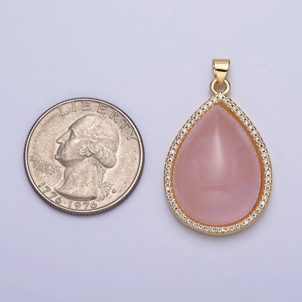 24K Gold plated Rose Quartz Natural Gemstone Cabochon Micro Paved CZ 35mmx21.5mm Teardrop Pendant | AA295 - DLUXCA