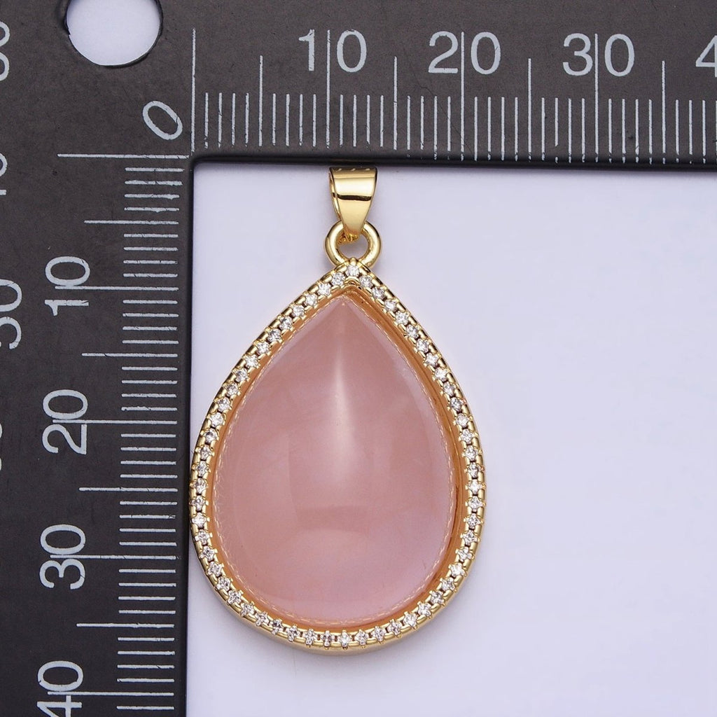 24K Gold plated Rose Quartz Natural Gemstone Cabochon Micro Paved CZ 35mmx21.5mm Teardrop Pendant | AA295 - DLUXCA