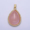24K Gold plated Rose Quartz Natural Gemstone Cabochon Micro Paved CZ 35mmx21.5mm Teardrop Pendant | AA295 - DLUXCA