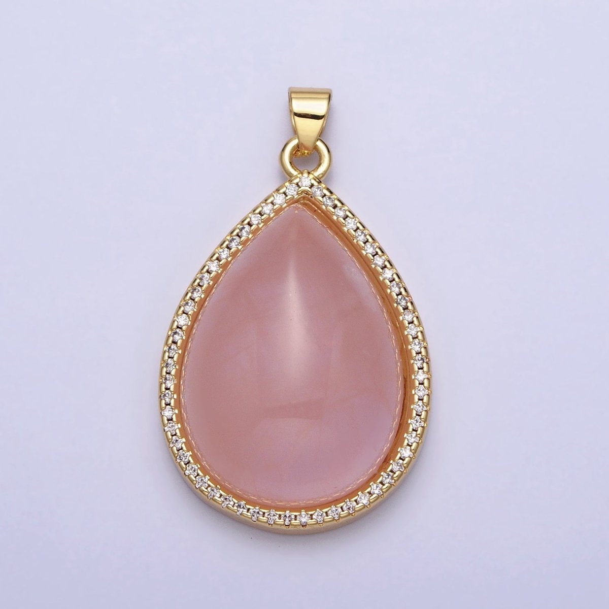 24K Gold plated Rose Quartz Natural Gemstone Cabochon Micro Paved CZ 35mmx21.5mm Teardrop Pendant | AA295 - DLUXCA