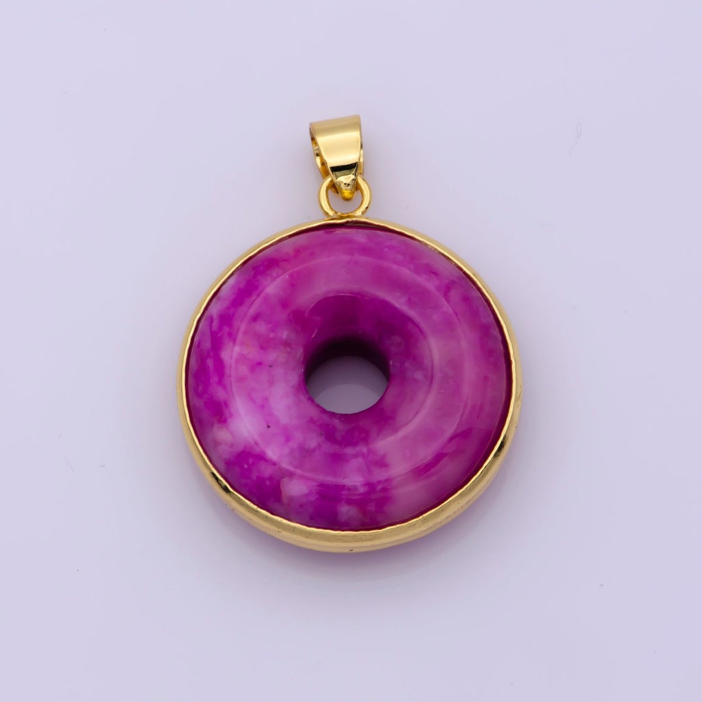 24k Gold plated Round Jade Stone charm, Purple Donut Stone Pendant, Jade Stone Pendant, Colorful Charm Birthstone Jewelry Necklace O-262 - DLUXCA