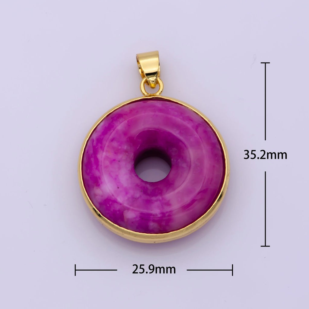 24k Gold plated Round Jade Stone charm, Purple Donut Stone Pendant, Jade Stone Pendant, Colorful Charm Birthstone Jewelry Necklace O-262 - DLUXCA