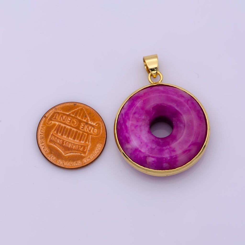 24k Gold plated Round Jade Stone charm, Purple Donut Stone Pendant, Jade Stone Pendant, Colorful Charm Birthstone Jewelry Necklace O-262 - DLUXCA