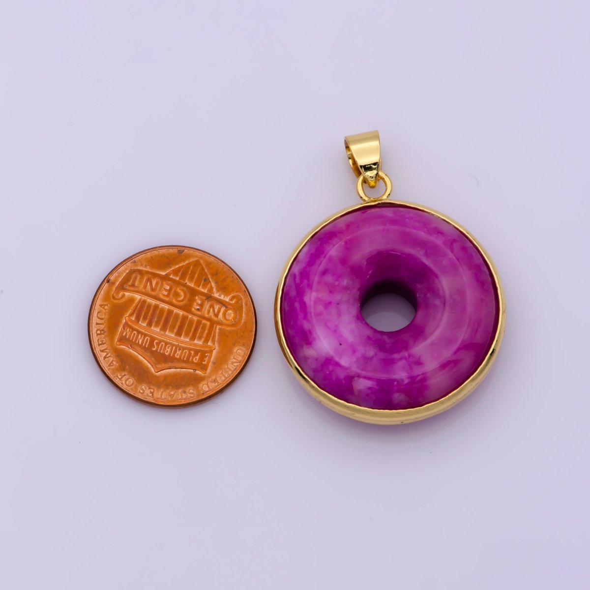 24k Gold plated Round Jade Stone charm, Purple Donut Stone Pendant, Jade Stone Pendant, Colorful Charm Birthstone Jewelry Necklace O-262 - DLUXCA