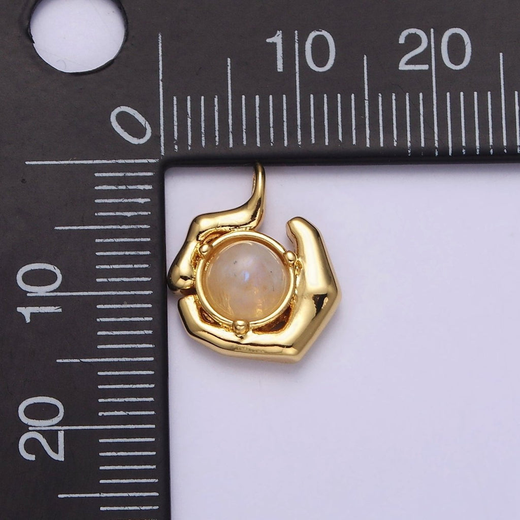 24K Gold plated Round Moonstone Natural Gemstone Geometric Charm | AC1376 - DLUXCA