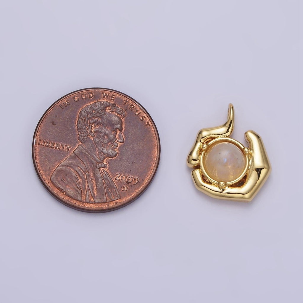 24K Gold plated Round Moonstone Natural Gemstone Geometric Charm | AC1376 - DLUXCA