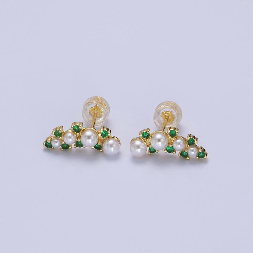 24K Gold plated Round Pearl Green CZ Curved Line Stud Earrings in Gold & Silver | AB613 AB614