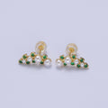 24K Gold plated Round Pearl Green CZ Curved Line Stud Earrings in Gold & Silver | AB613 AB614