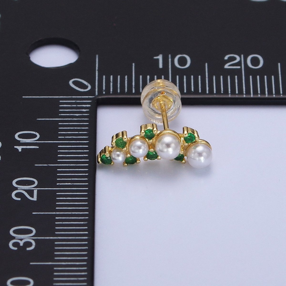 24K Gold plated Round Pearl Green CZ Curved Line Stud Earrings in Gold & Silver | AB613 AB614
