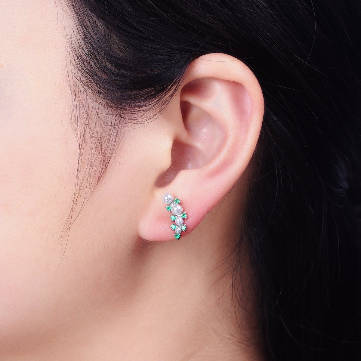 24K Gold plated Round Pearl Green CZ Curved Line Stud Earrings in Gold & Silver | AB613 AB614