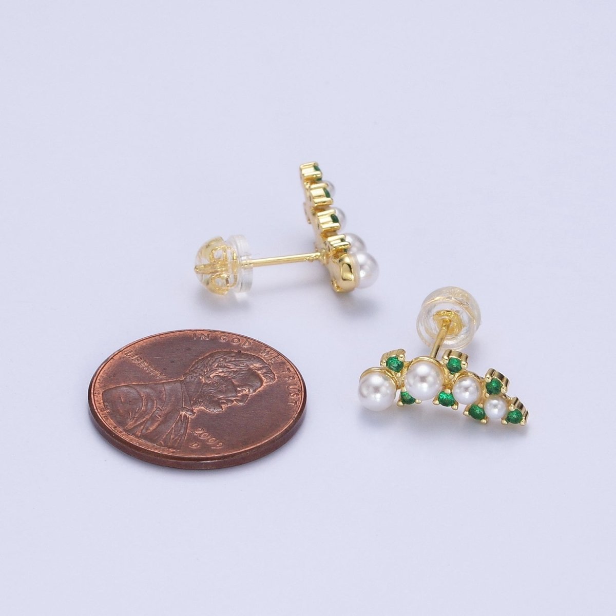 24K Gold plated Round Pearl Green CZ Curved Line Stud Earrings in Gold & Silver | AB613 AB614