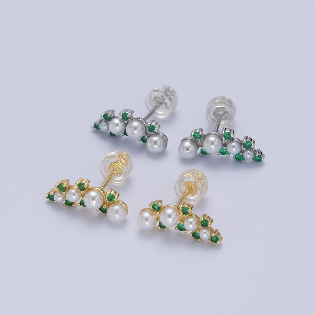 24K Gold plated Round Pearl Green CZ Curved Line Stud Earrings in Gold & Silver | AB613 AB614