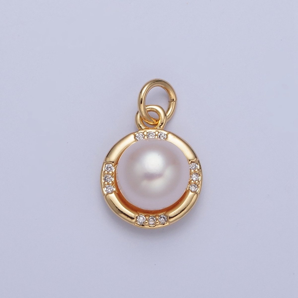 24K Gold plated Round Shell Pearl Micro Pave CZ Gold Charm | X-067 - DLUXCA