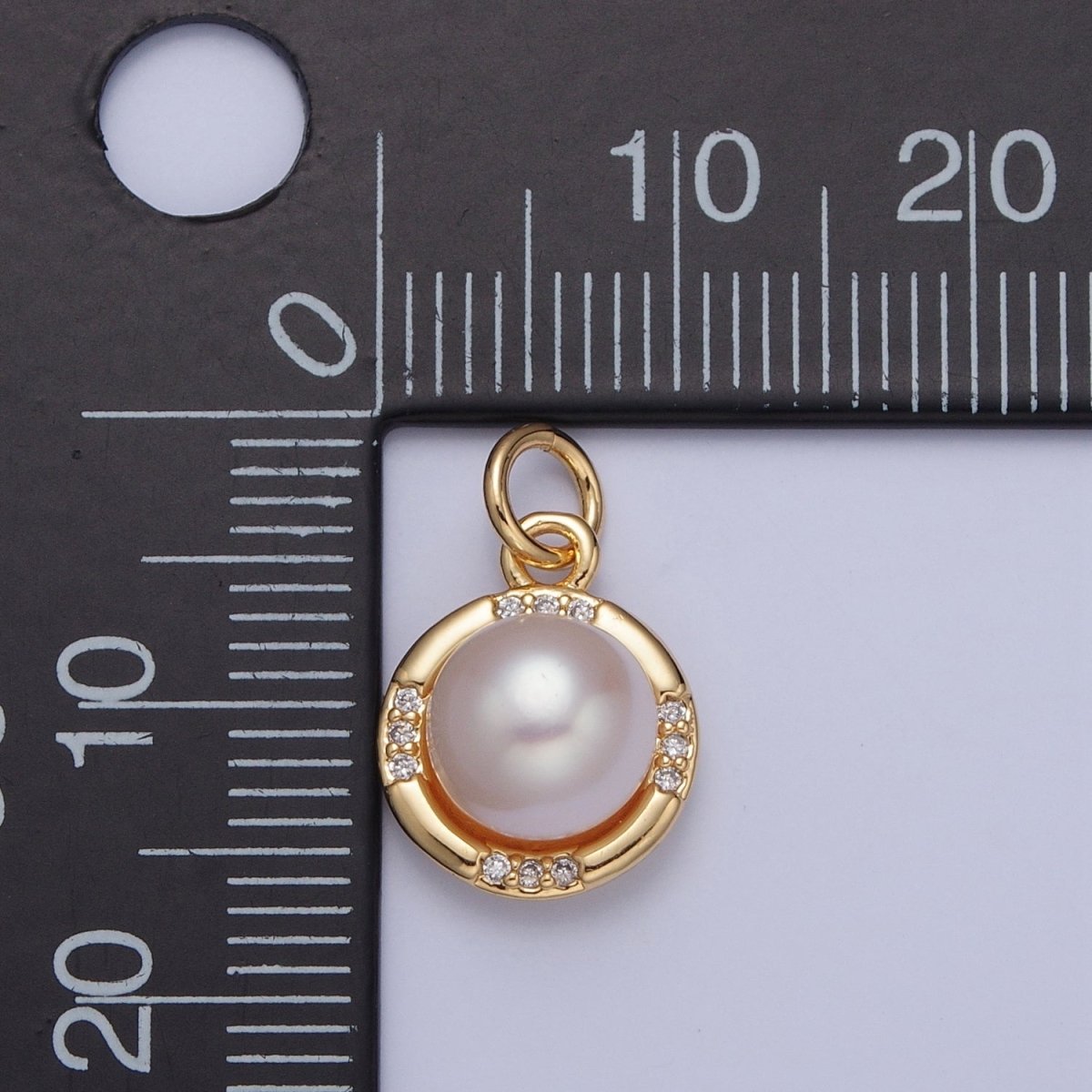 24K Gold plated Round Shell Pearl Micro Pave CZ Gold Charm | X-067 - DLUXCA