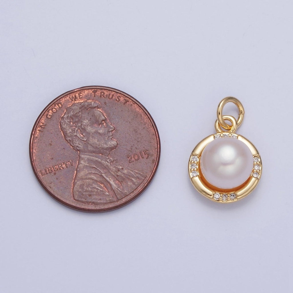 24K Gold plated Round Shell Pearl Micro Pave CZ Gold Charm | X-067 - DLUXCA