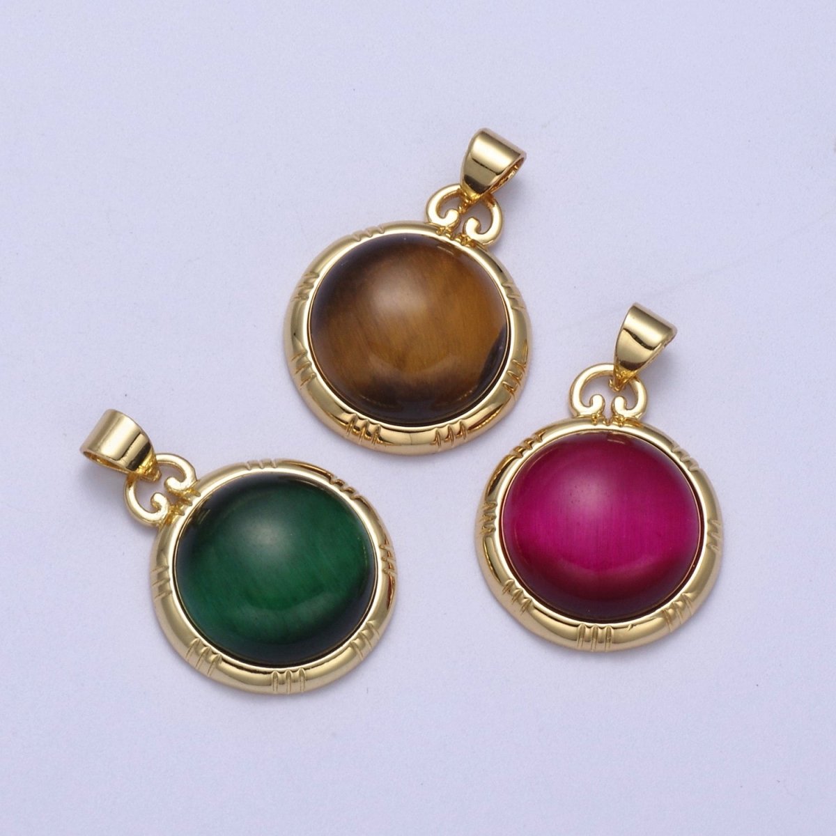 24K Gold plated Round Tiger Eye, Dark Green Aventurine, Fuchsia Agate Natural Healing Gemstone Pendant H-335 - H-337