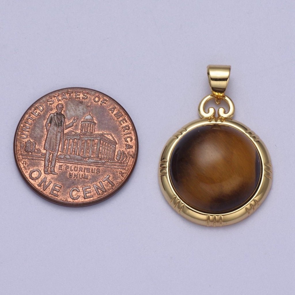 24K Gold plated Round Tiger Eye, Dark Green Aventurine, Fuchsia Agate Natural Healing Gemstone Pendant H-335 - H-337