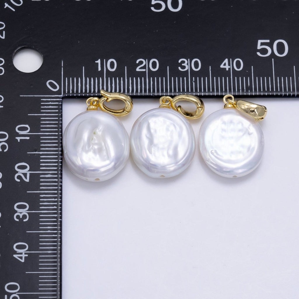 24K Gold plated Round White Biwa Freshwater Pearl Snap Latch Bail Pendant | P1891 - DLUXCA