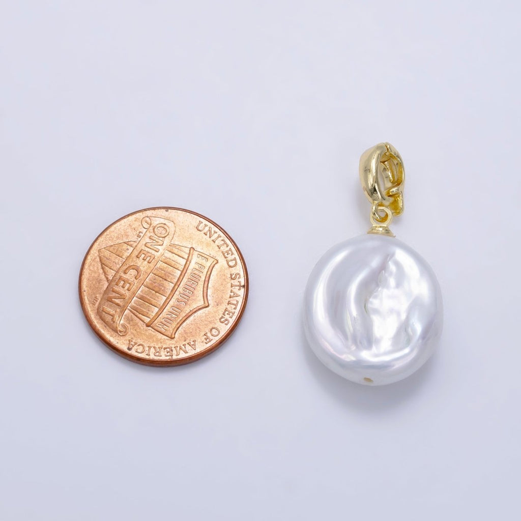 24K Gold plated Round White Biwa Freshwater Pearl Snap Latch Bail Pendant | P1891 - DLUXCA