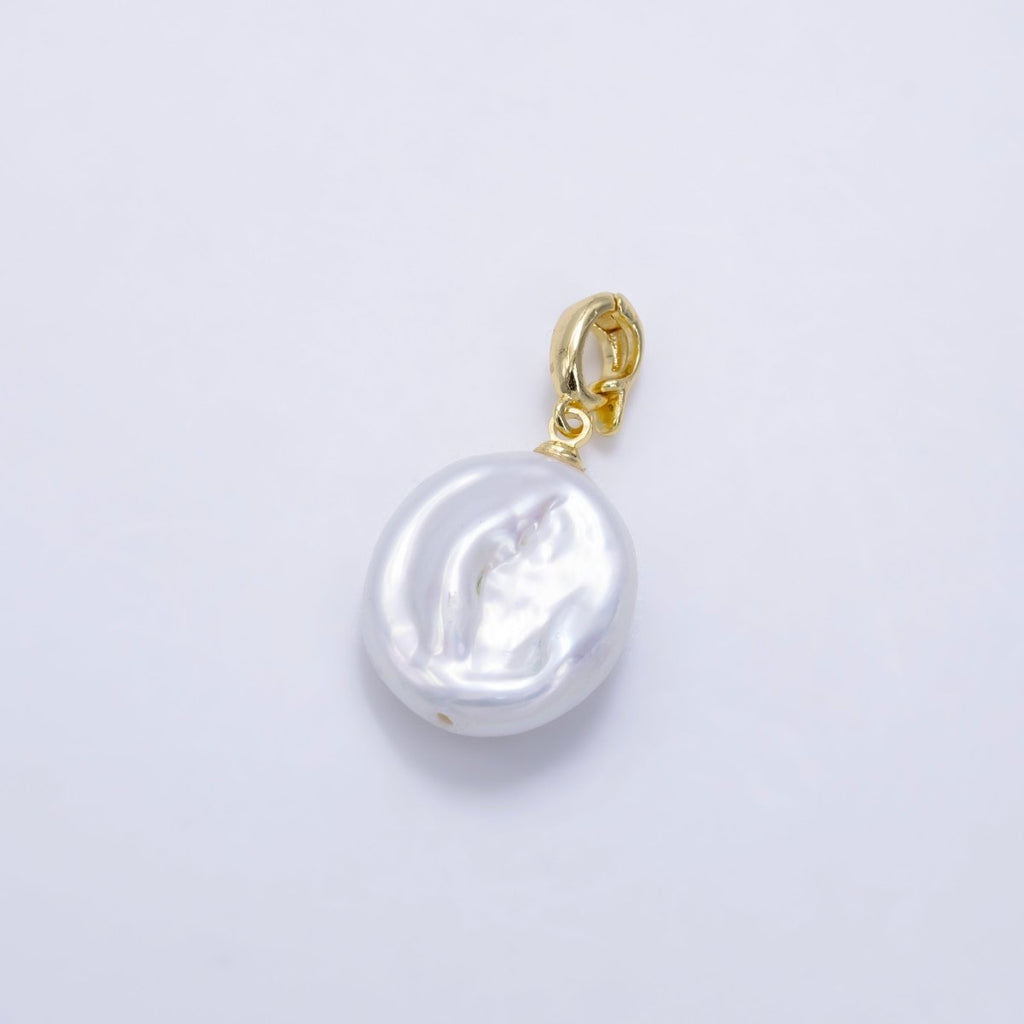 24K Gold plated Round White Biwa Freshwater Pearl Snap Latch Bail Pendant | P1891 - DLUXCA