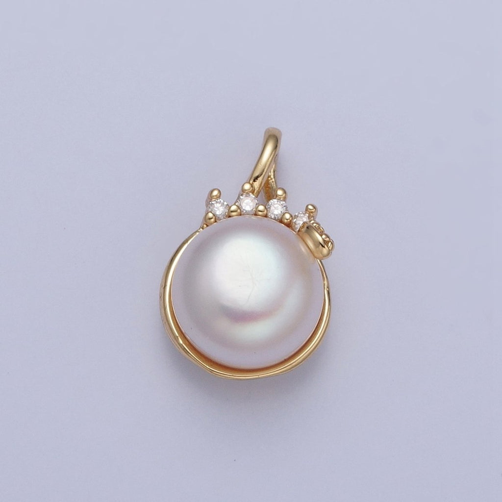 24K Gold plated Round White Shell Pearl Crown Charm For Necklace Making H-686 - DLUXCA