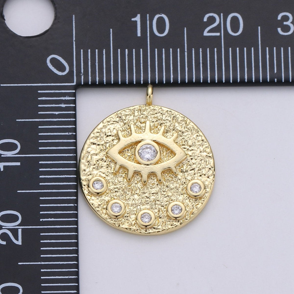 24K Gold plated Rustic Dainty Evil Eye Charm with Micro Pave Cubic Zirconia CZ Stone for Peaceful Spiritual Necklace or Bracelet, C-928 - DLUXCA