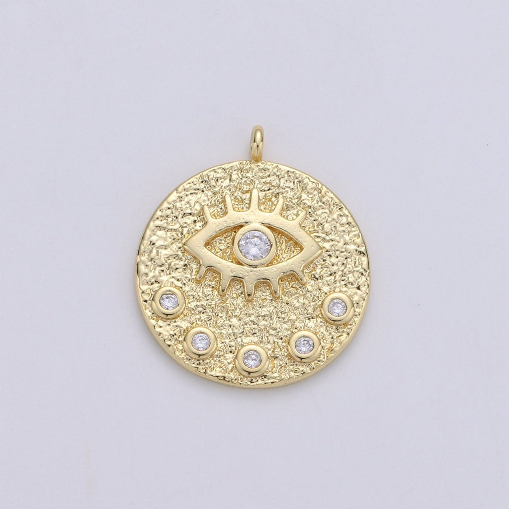 24K Gold plated Rustic Dainty Evil Eye Charm with Micro Pave Cubic Zirconia CZ Stone for Peaceful Spiritual Necklace or Bracelet, C-928 - DLUXCA