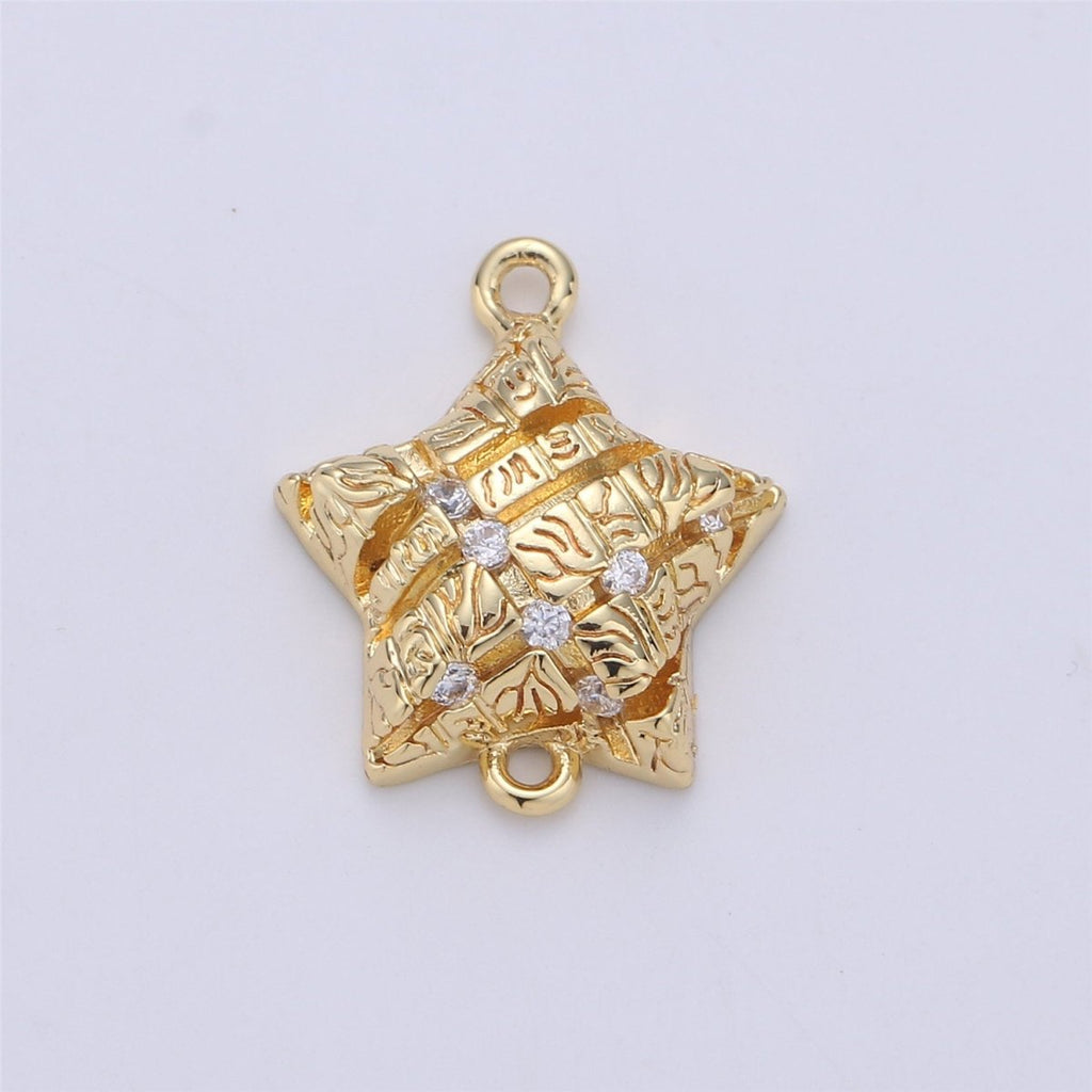 24K Gold plated Rustic Symbols Stripes Star Dainty Connector with Micro Pave Cubic Zirconia CZ Stone for Necklace or Bracelet F-363 - DLUXCA