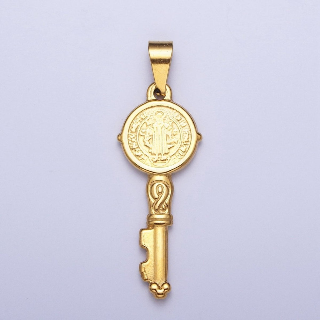 24k Gold plated Saint Benedict Pendant Double Sided San Benito Charm Religious Key Pendant X-647 - DLUXCA