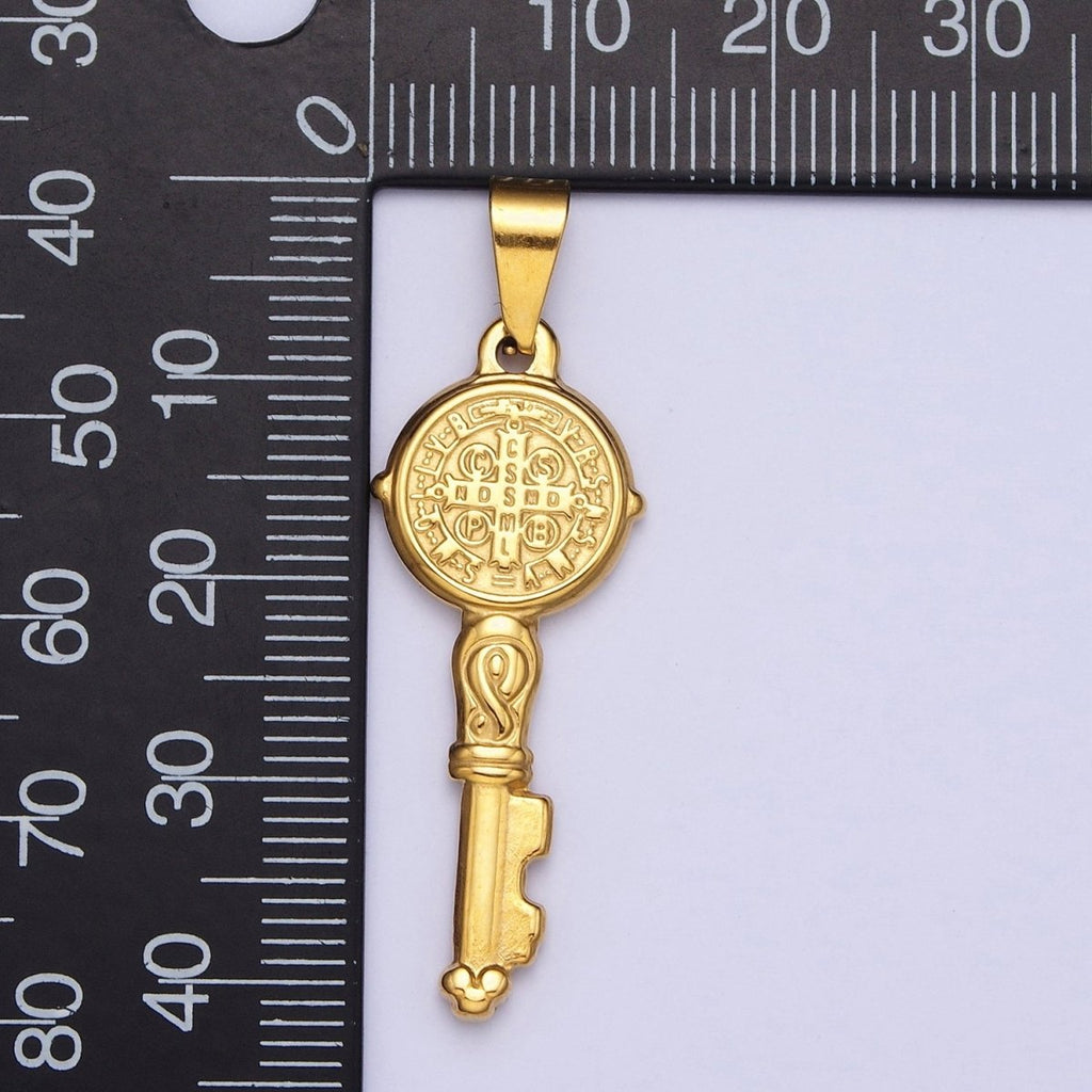 24k Gold plated Saint Benedict Pendant Double Sided San Benito Charm Religious Key Pendant X-647 - DLUXCA