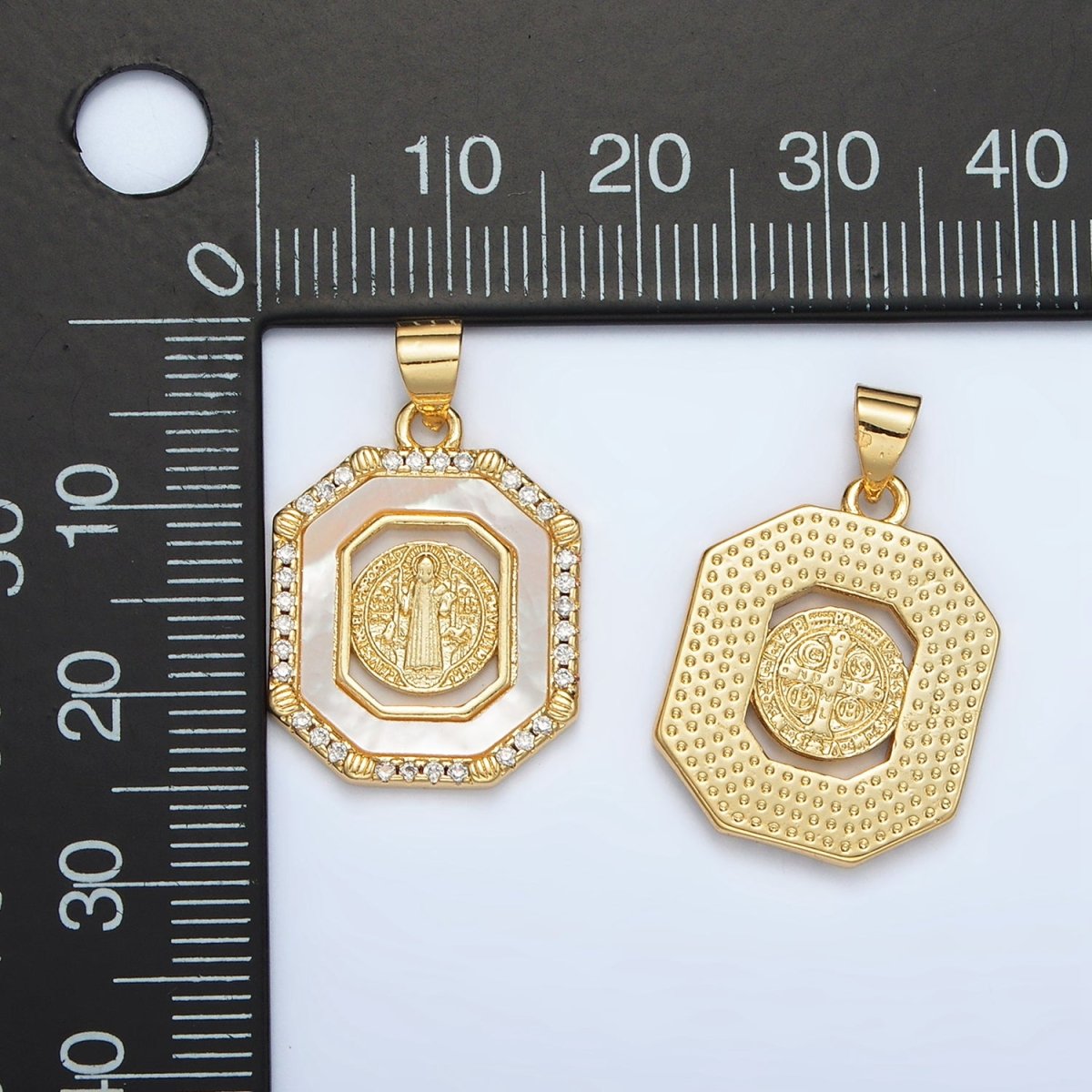 24K Gold plated Saint Benedict Shell Pearl Micro Paved CZ Open Hexagonal Pendant | AH185 - DLUXCA