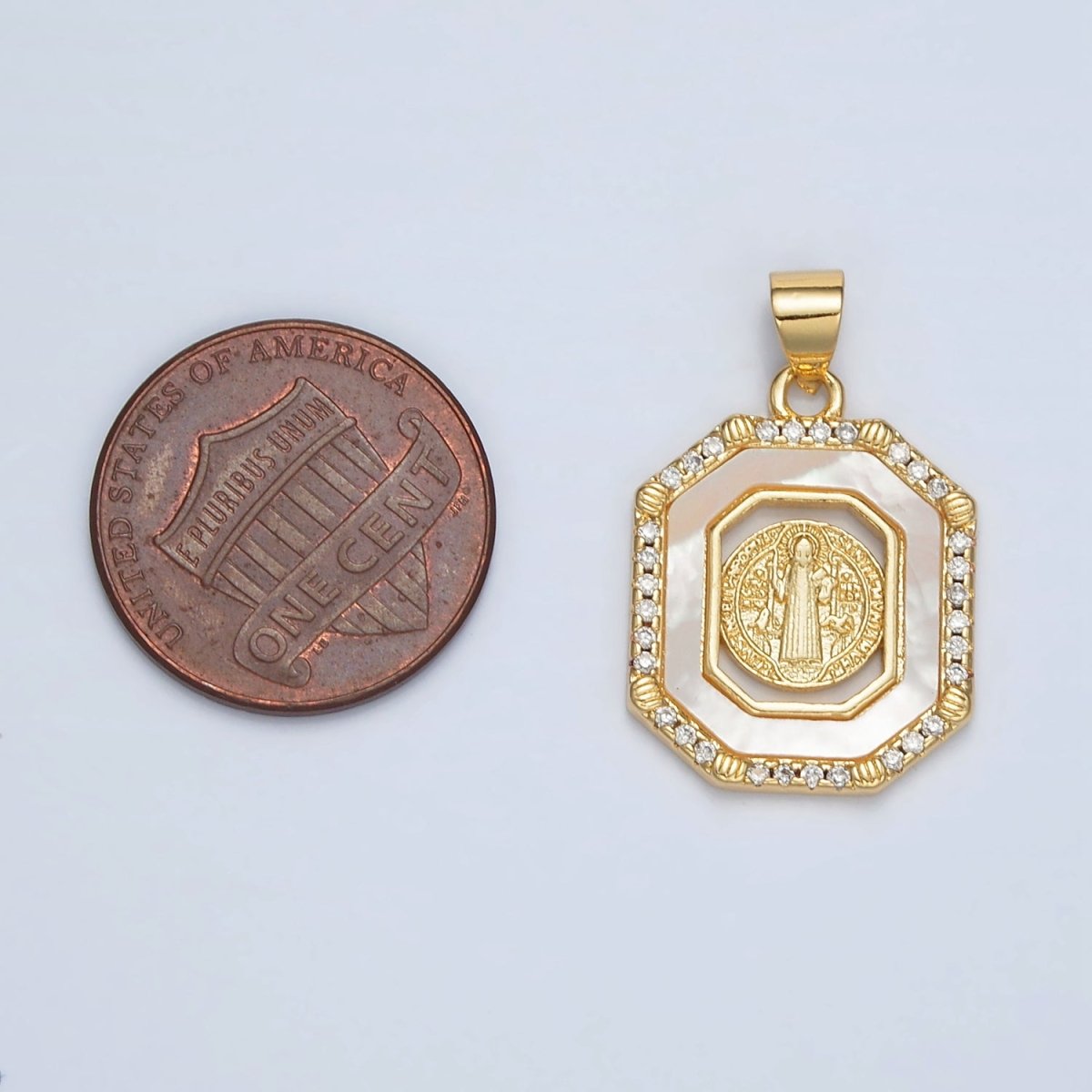 24K Gold plated Saint Benedict Shell Pearl Micro Paved CZ Open Hexagonal Pendant | AH185 - DLUXCA